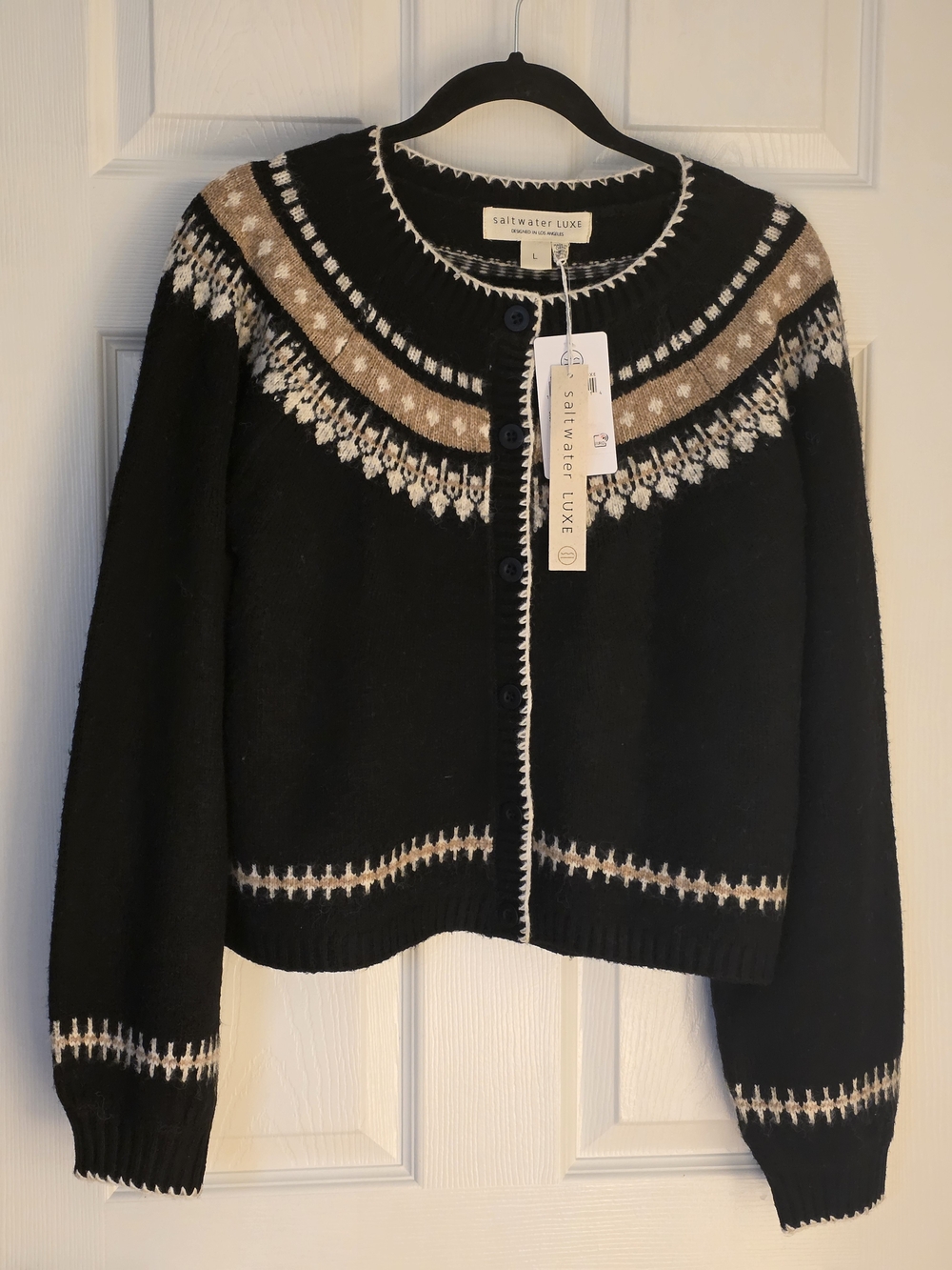 saltwater LUXE Black Cardigan with Beige and White Fair Isle Yoke